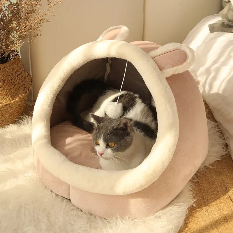 Cozy Cat Bed with Ears & Removable Cushion