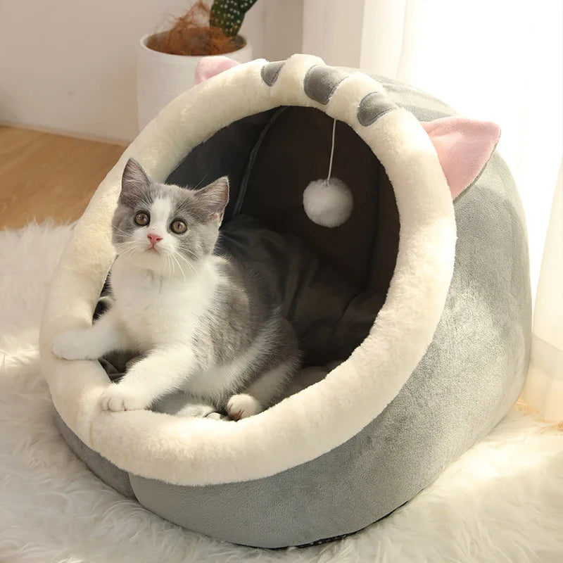 Cozy Cat Bed with Ears & Removable Cushion